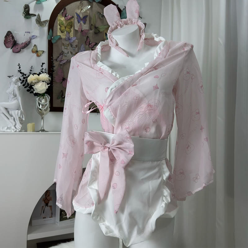 Maid Bow Bunny Print Kimono Lingerie Dress