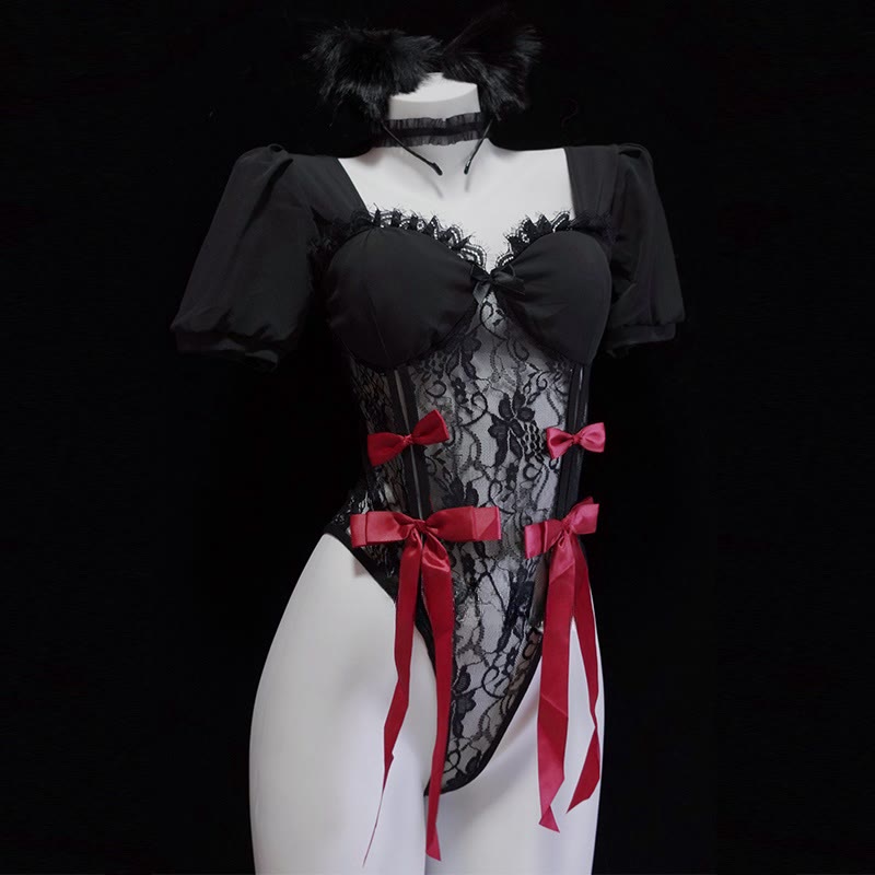 Lace See-through Bow Jumpsuit Lingerie