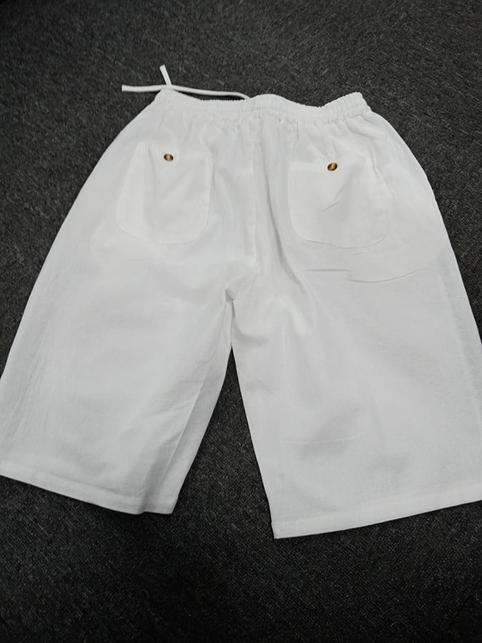 Cotton And Linen Side Lace Hollow Stitching Casual Five-Point Pants