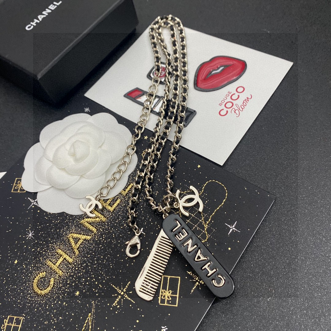 Chanel Comb Brass Double C Pendant Leather Chain Necklace