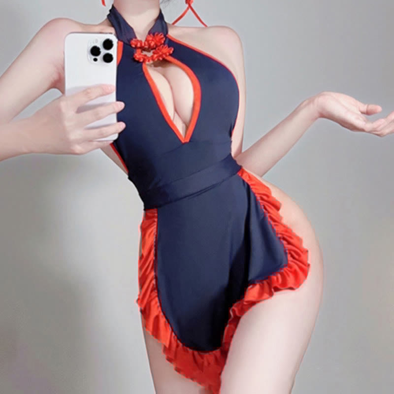 Vintage Hollow Maid Cheongsam Jumpsuit Lingerie