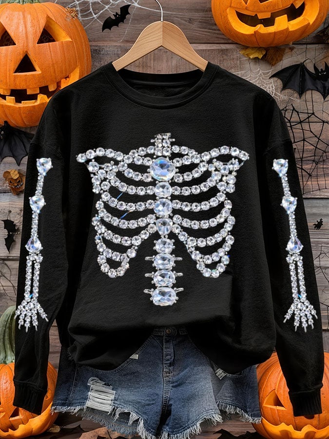 🔥Buy 3 Get 10% Off🔥Women's Halloween Rhinestone Skull Print Long Sleeve Crew Neck Sweatshirt
