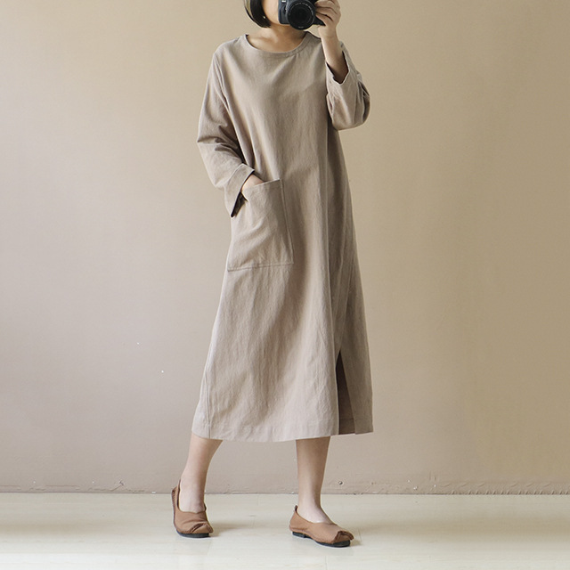 Literary Retro Long-Sleeved Cotton Linen Midi Dress