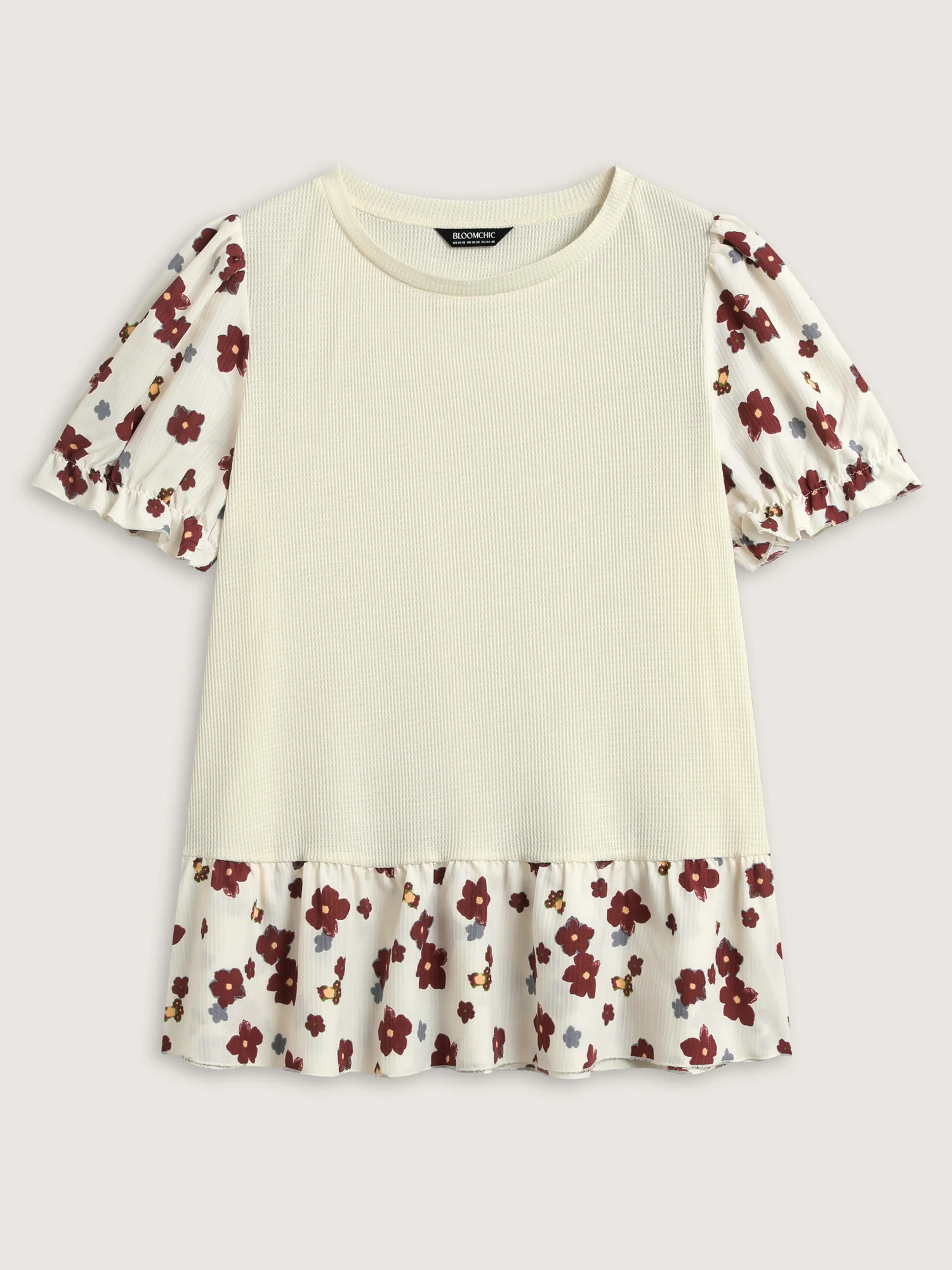 Floral Detail Waffle Contrast Knit Top