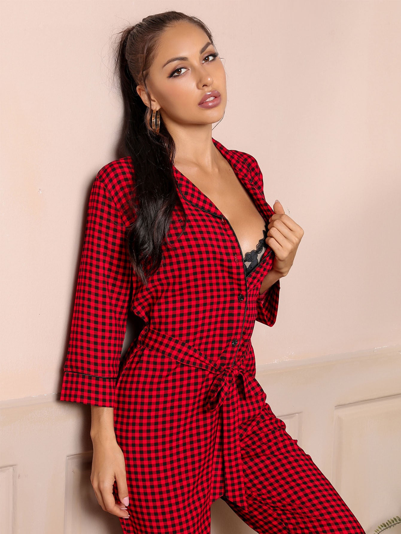 Spring Summer Pajamas Three Quarter Length Sleeves Cardigan V neck Simplicity Red Plaid Jumpsuit Home Wear