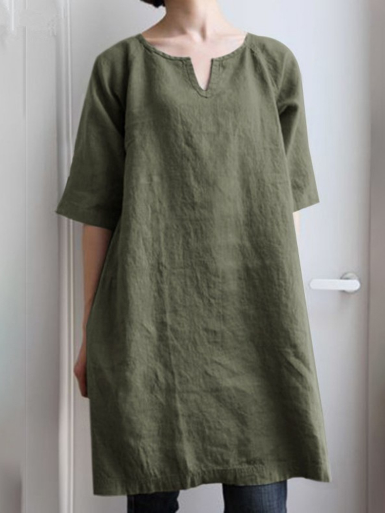 Casual Solid Cotton Linen Mini Dress
