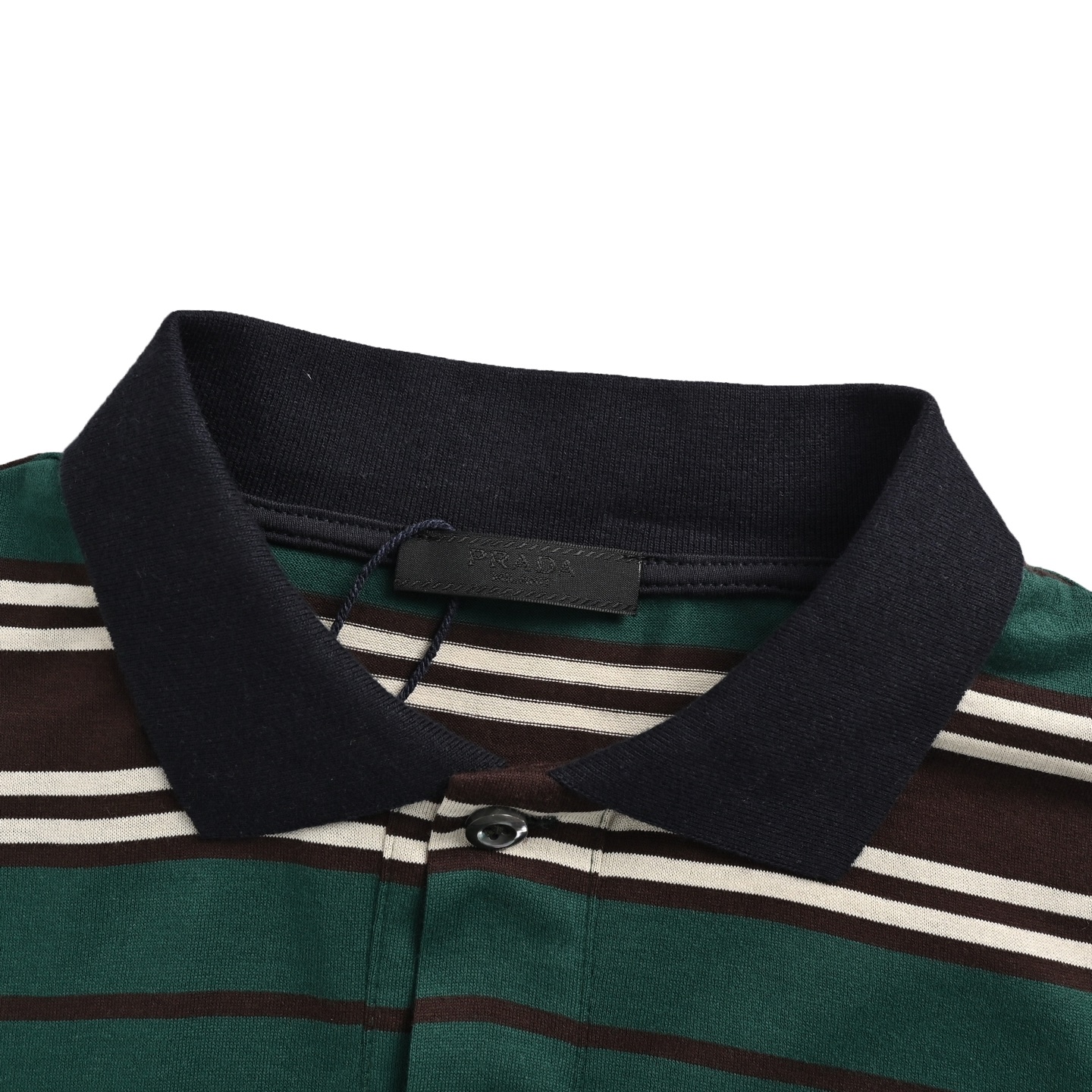 Prada 25ss green striped long-sleeved polo shirt