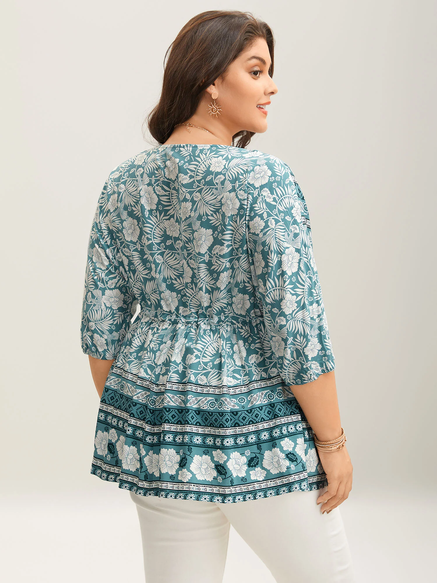 Floral Print Surplice Neck Waist-Cinched Shirt