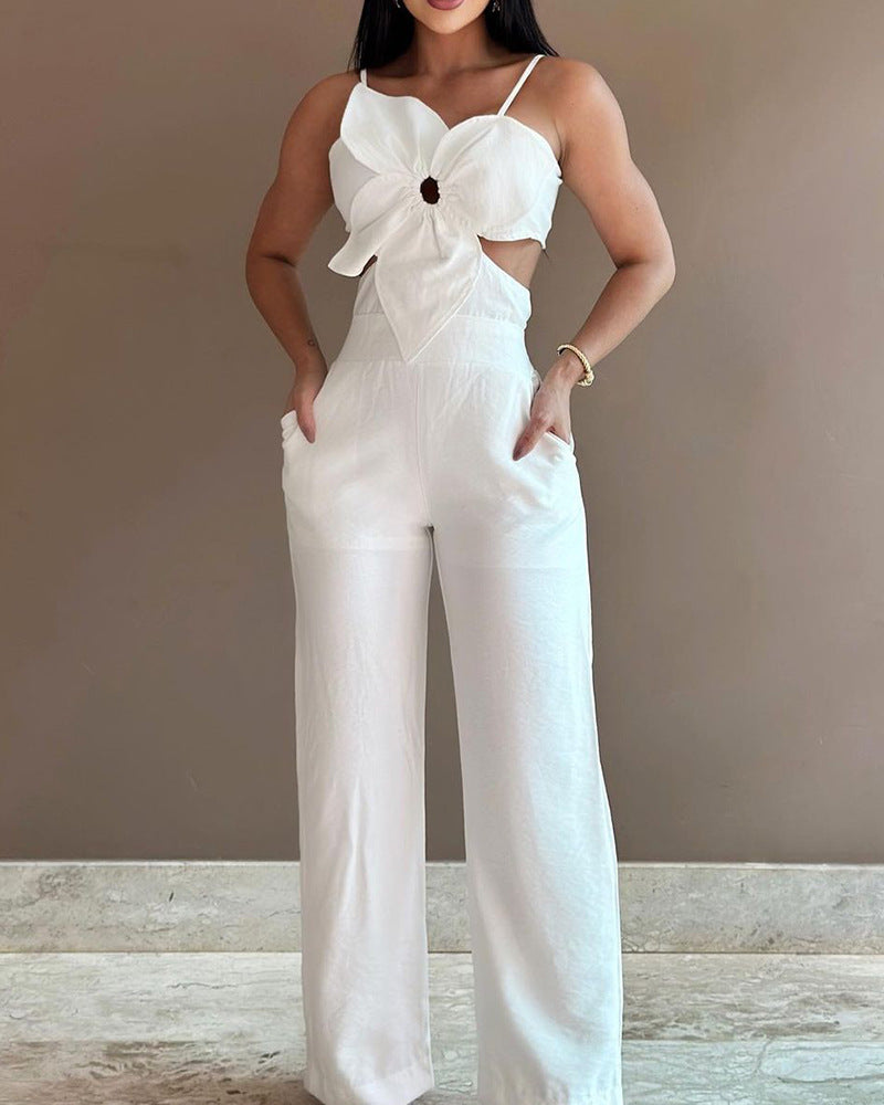 White Sling One-Piece Trousers with Three-Dimensional Flower Design for Women