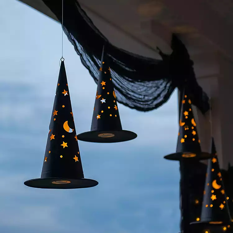 💥ON SALE💥LED Witch-Hat Hanging Light with Moon & Star Cutouts, Remote On/Off🌙✨