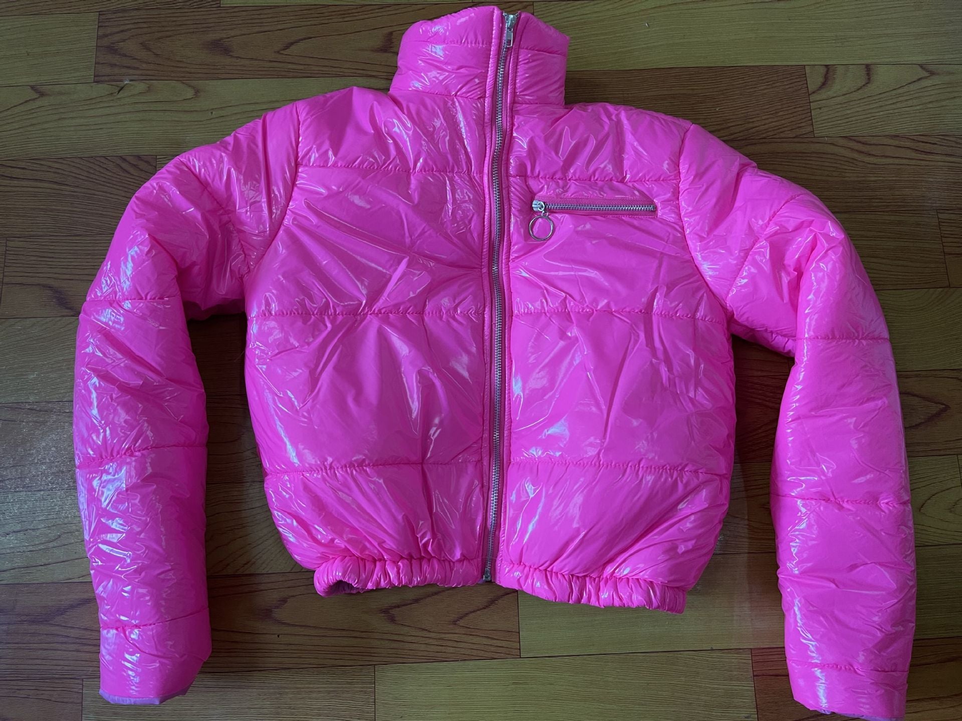 Women Clothing Glossy Faux Leather Stand-up Collar down Jacket Padded Puffer Jacket Coat