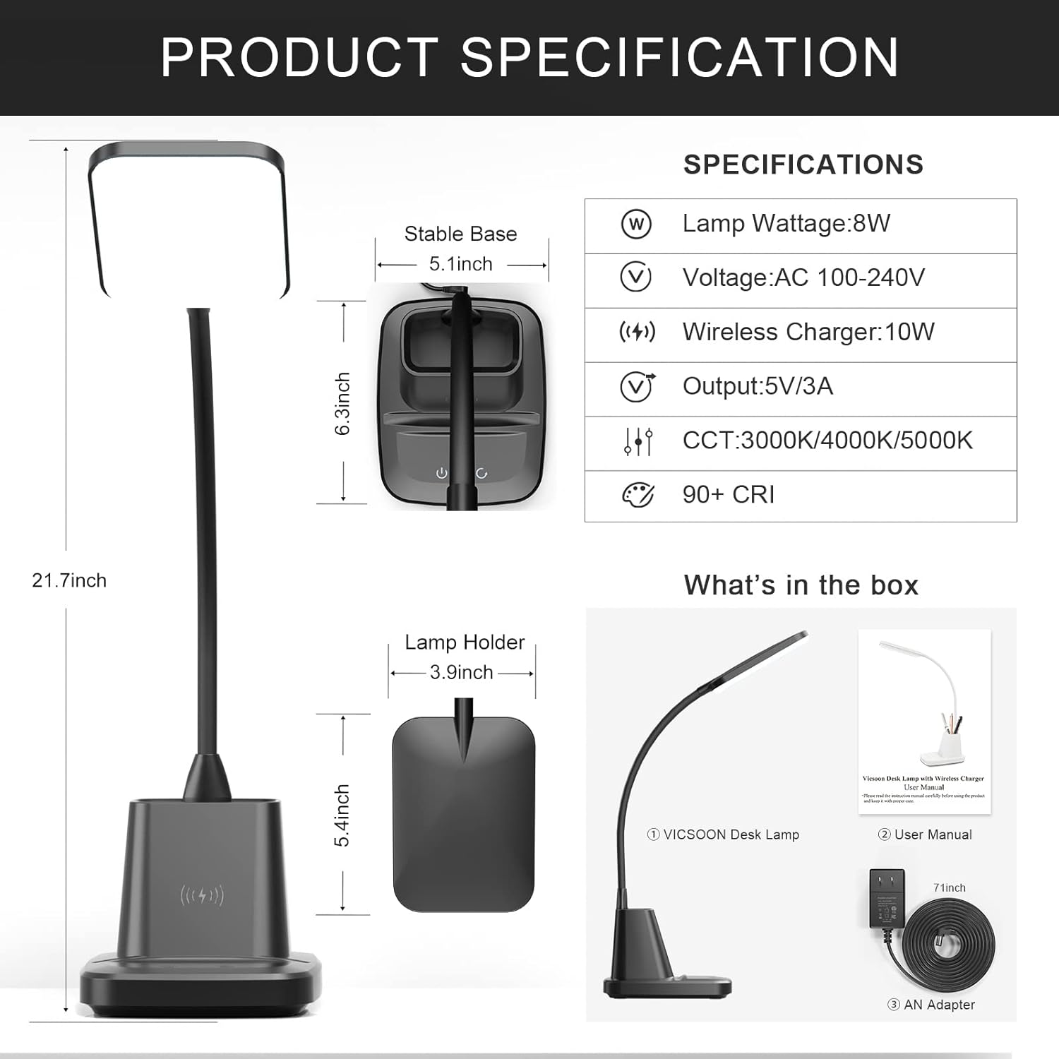 Desk Lamp with Wireless Charger, LED Desk Lamps for Home Office, 800 Lumens, Small Desk Lamp with Pen Holder, Flexible Arm, 3 Modes, Dimming, Touch Lamp for College Dorm Room