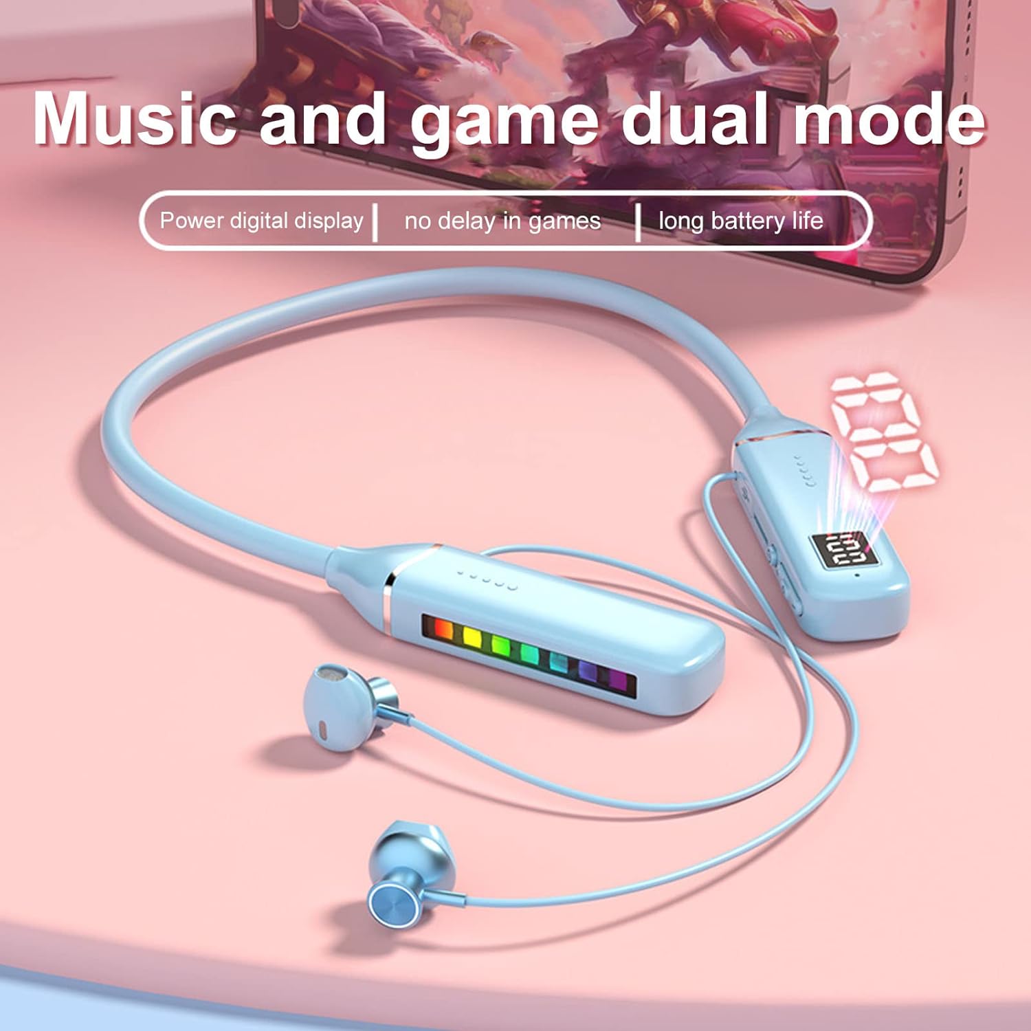 Bluetooth Neckband Headphone, Neckband Earphones Wireless, LED Power Display Memory Card Playback Magnetic Earbuds Headset with RGB Backlight (Black)