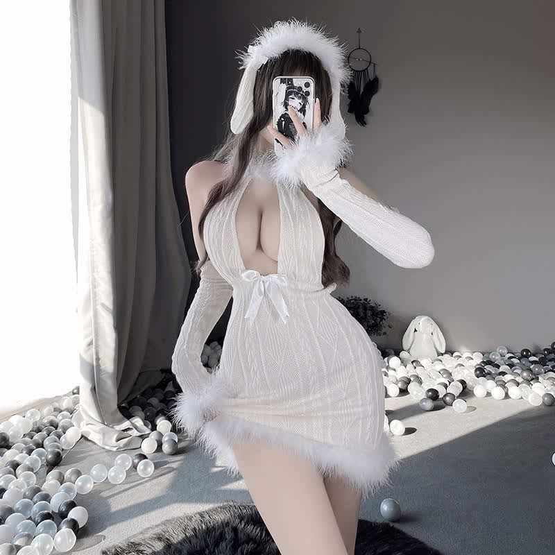 Halter Deep V-neck Velvet Stitching Lace Up Knit Lingerie Dress