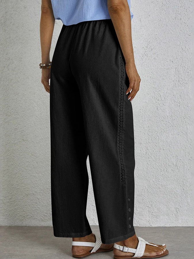Casual Elegant Lace-Up With Pockets Buttons Lace Side Cotton Linen Trousers