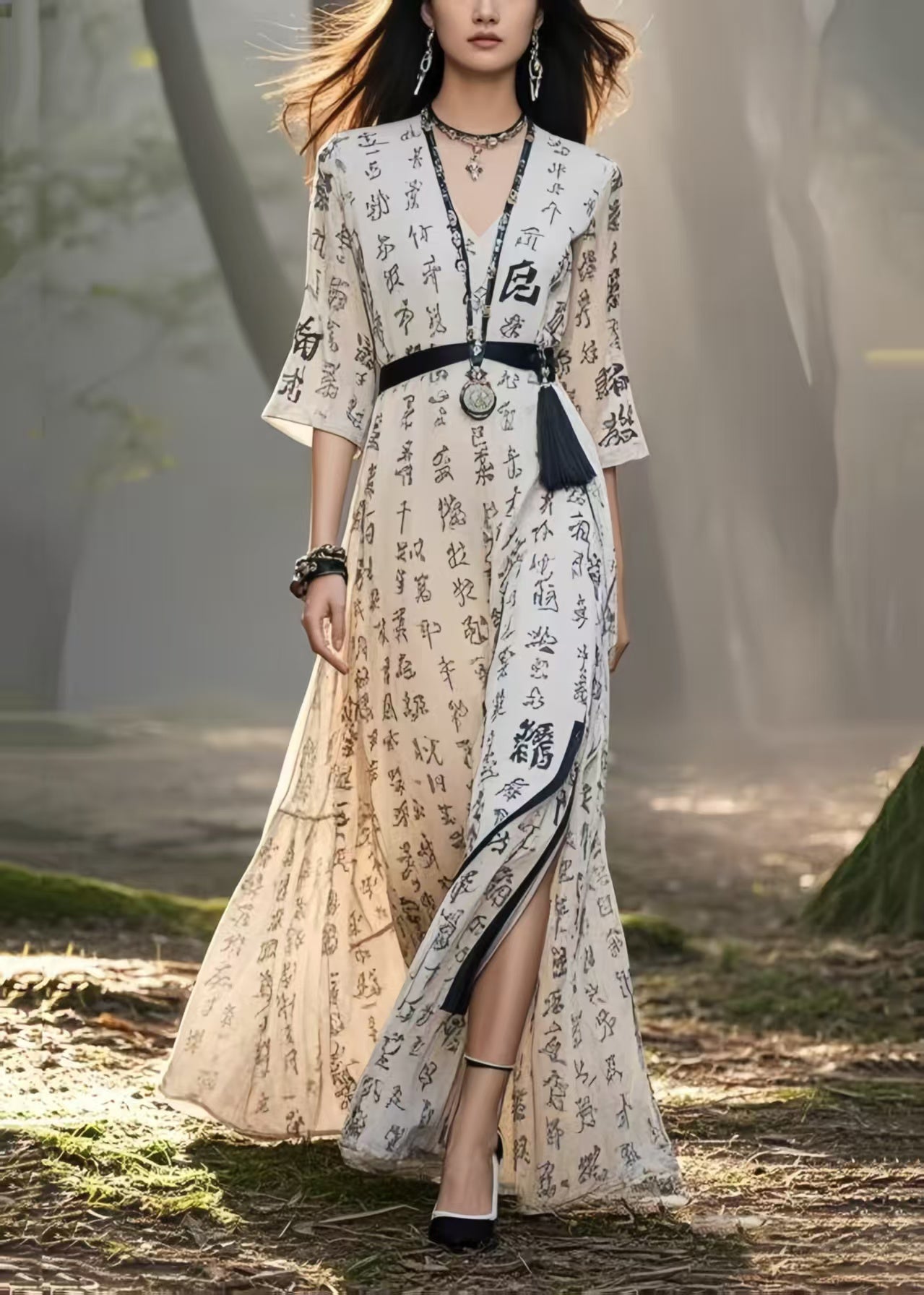 Art White Tasseled Print Chiffon Holiday Dresses Summer