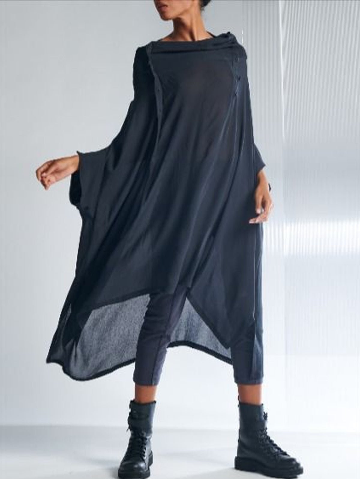 Loose Solid Color Pile Neck Asymmetric Hem Midi Shirt