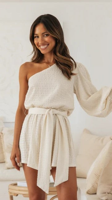 Beige One Shoulder Romper