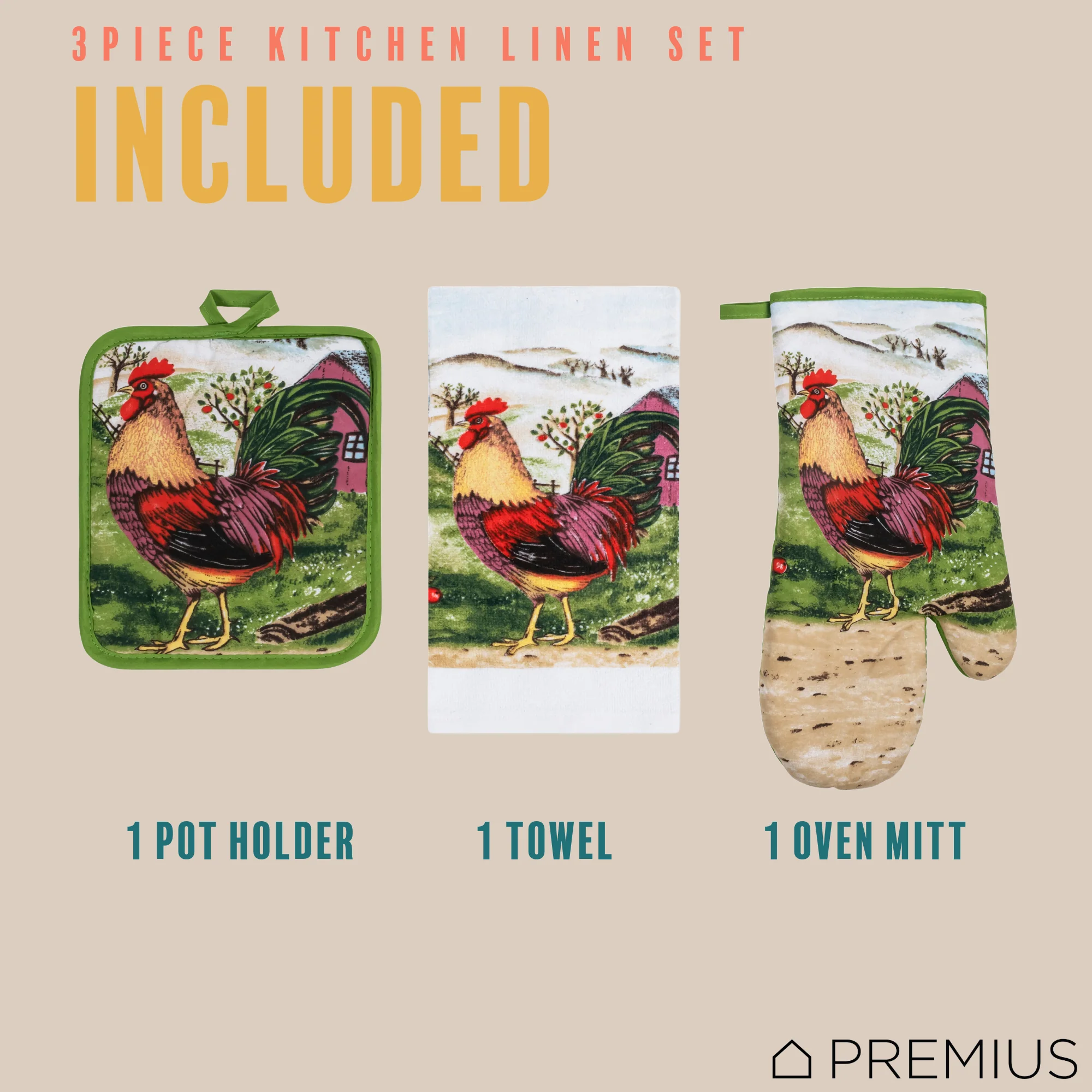 PREMIUS 3 Piece Printed Kitchen Linen Set, 1 Cotton Towel, 1 Pot Holder, 1 Oven Mitt