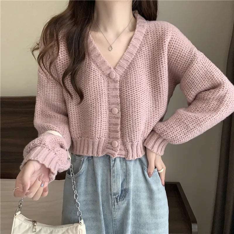 Button-Up V-Neck Knit Cardigan