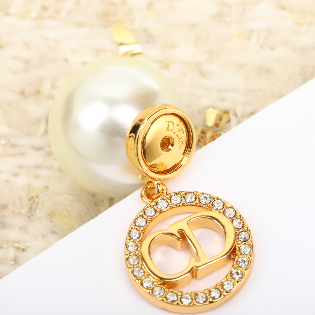 Dior Round Crystal CD Double Ball Pearl Earrings
