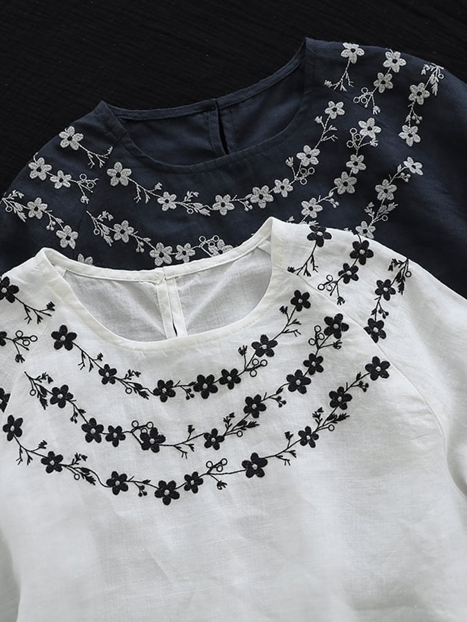 Women's Vintage Embroidered Floral Round Neck Casual Cotton And Linen Shirt