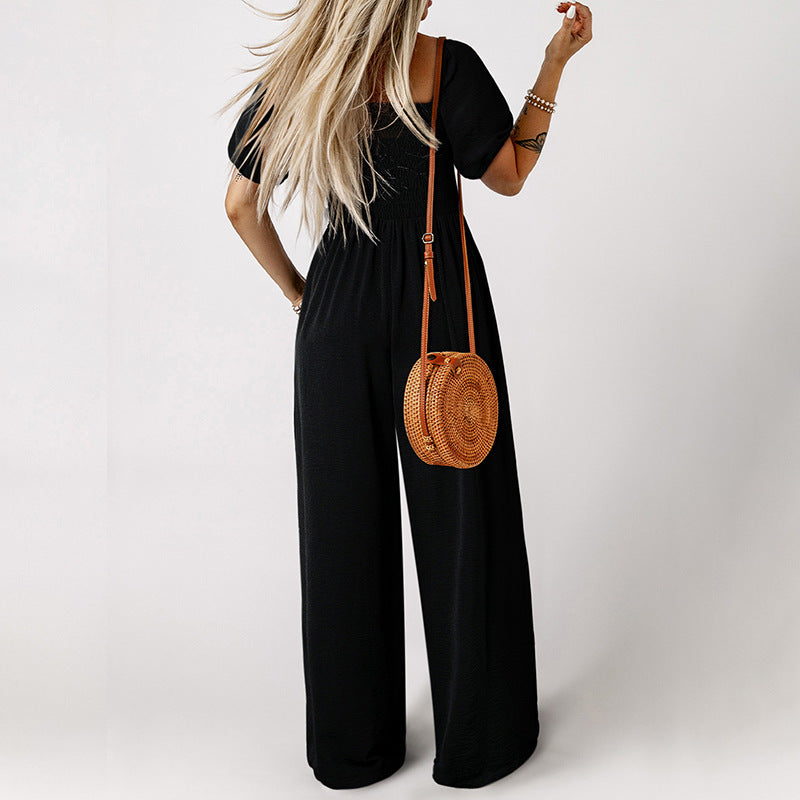 Women's Short Sleeve Jumpsuit with Square Collar