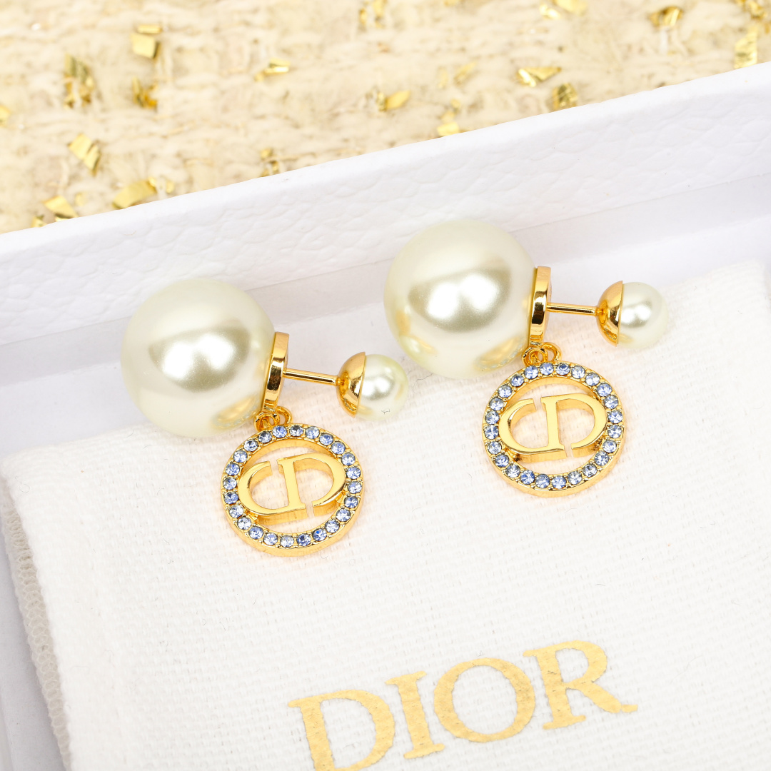 Dior Round Crystal CD Double Ball Pearl Earrings