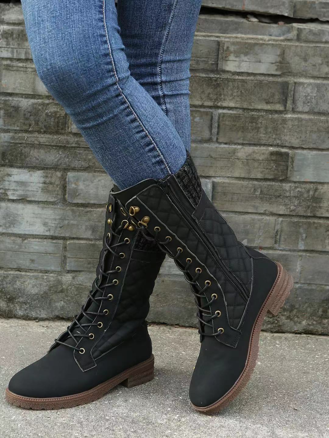 Autumn and Winter Women's Mid-Calf Flat Heel Snow Boots in Solid Color