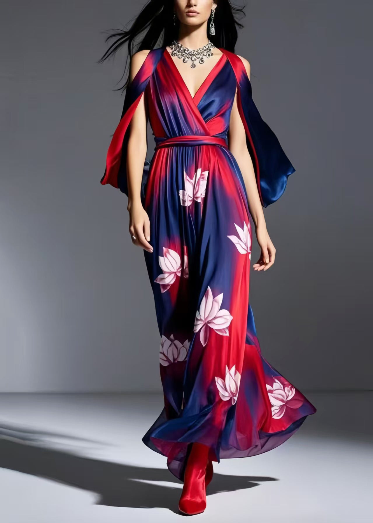 Plus Size Navy Cold Shoulder Tie Dye Chiffon Dresses Summer