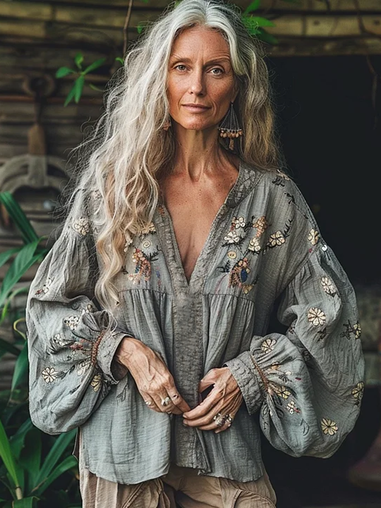Bohemian Style Linen Floral Art Print Long Sleeve V-neck Shirt
