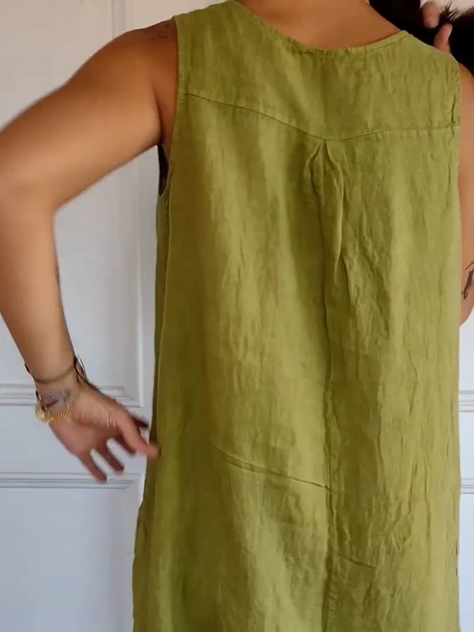 Women's V-Neck Sleeveless Solid Color Cotton And Linen Dress