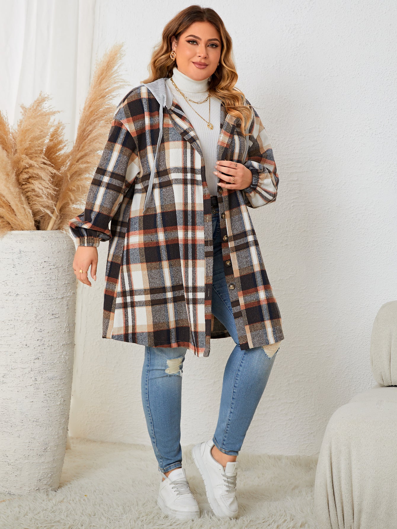 Plus Size Autumn Winter Women Girls Plaid Hooded Mid Length Coat for Women