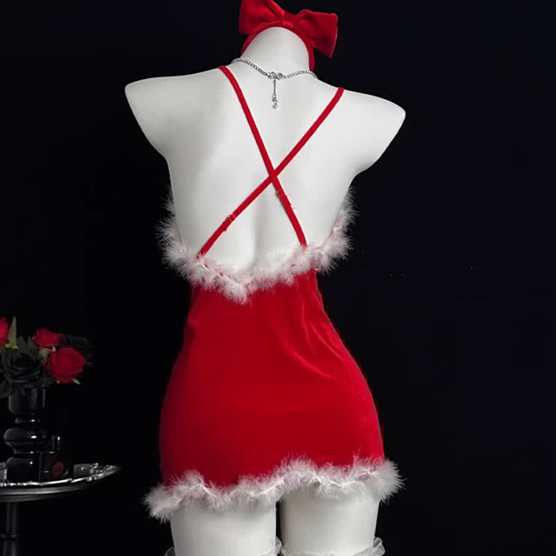 Sexy Backless Christmas Lingerie Dress Stockings Set