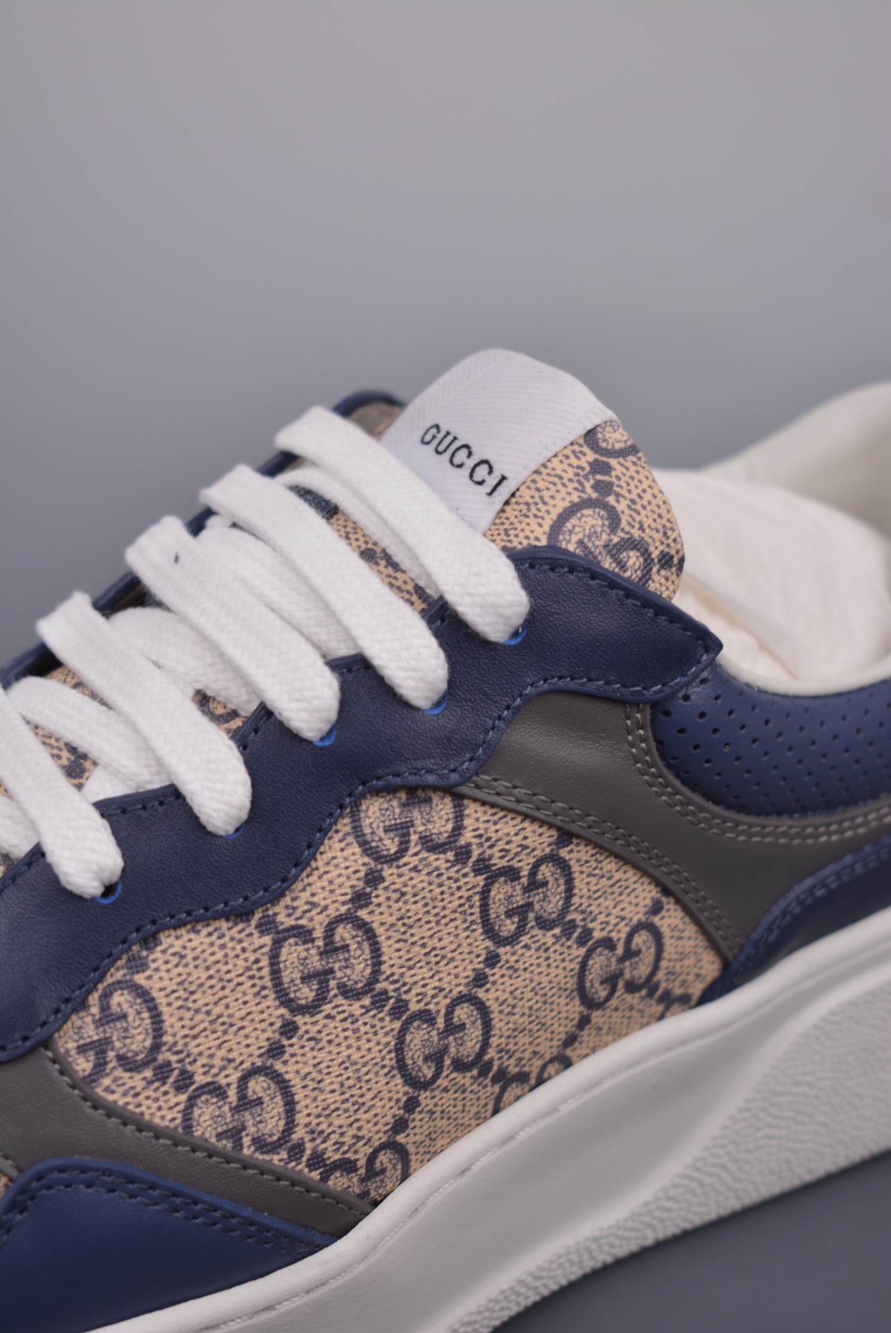 GUCCI Leather Navy Blue Ebony Gray GG Print
