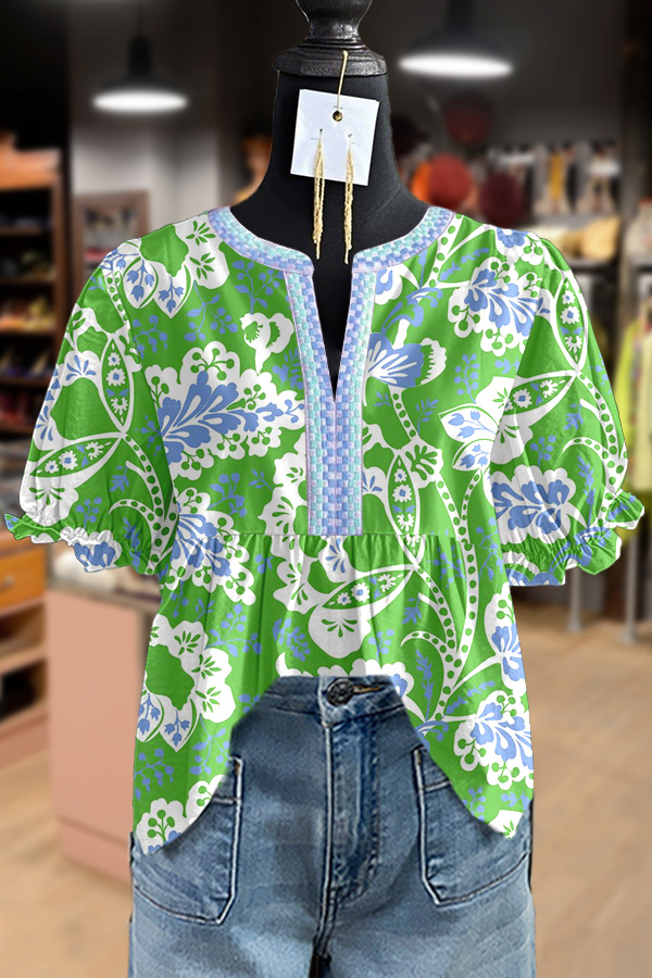 Contrast Floral Print Embroidered Neck Puff Sleeve Top