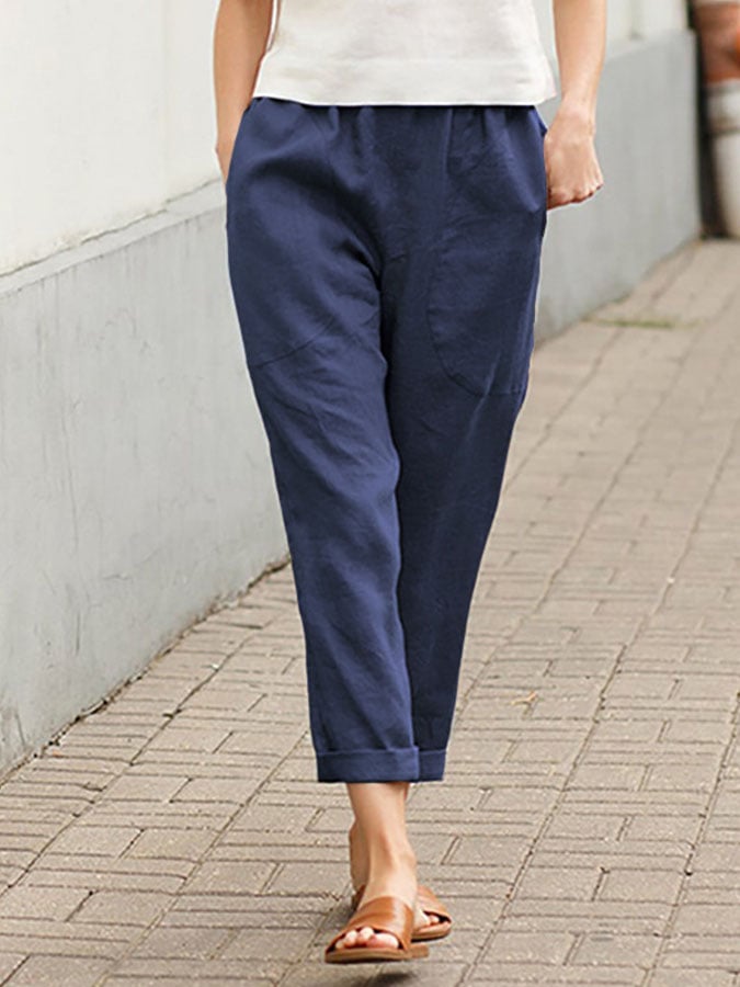 Cotton Linen Pocket Pure Casual Pants