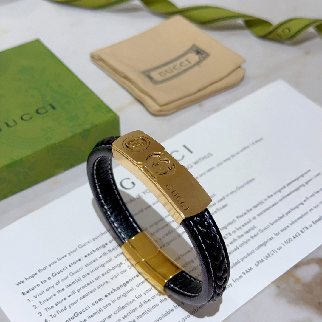 Gucci Braided Black Leather Gold GG Bracelet