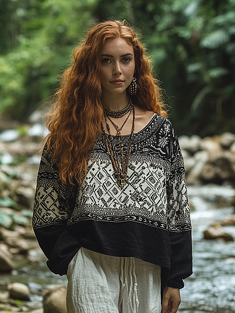 Retro Bohemian Art Embroidery Print Cotton And Linen Blend Loose Blouse