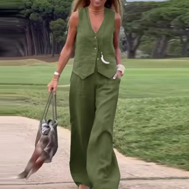 💕Button Down Vest and Wide Leg Pants 2 Piece Set (Buy 2 Sets Free Shipping)