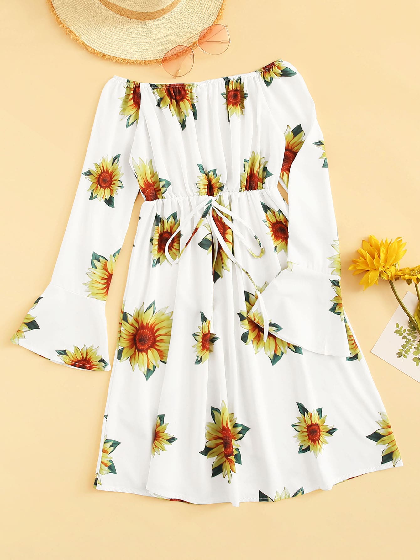 Flounce Sleeve Drawstring Waist Floral Dress