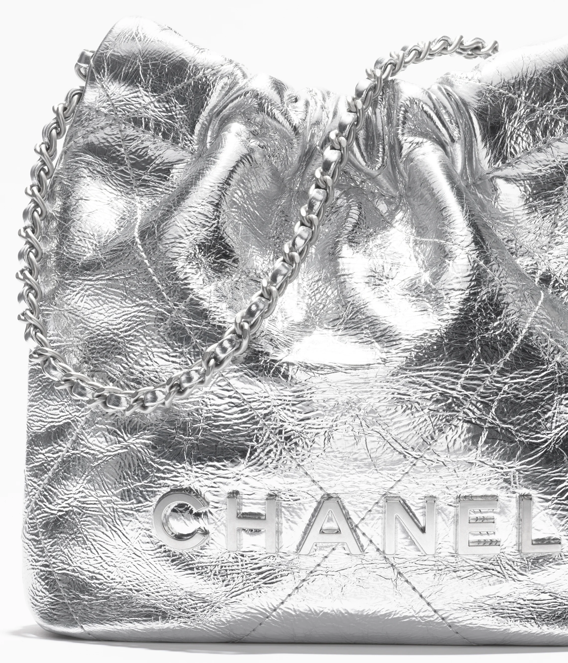 CHANEL 22 Mini Handbag Metallic Calfskin & Silver-Tone Metal Silver AS3980-B18804-NABJY
