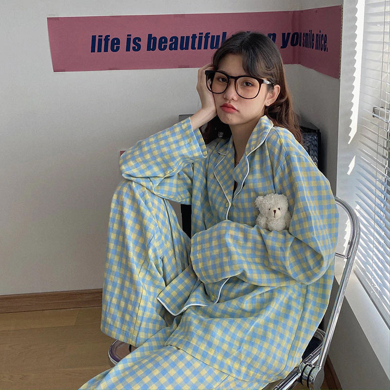 Plaid Grid Pattern 2Pcs Pajamas Set