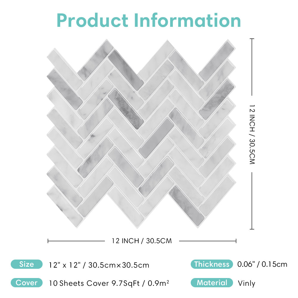 White Marble Herringbone Backsplash Peel and Stick Tile - Thicker Design