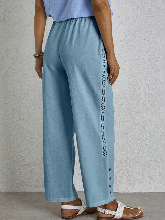Casual Elegant Lace-Up With Pockets Buttons Lace Side Cotton Linen Trousers