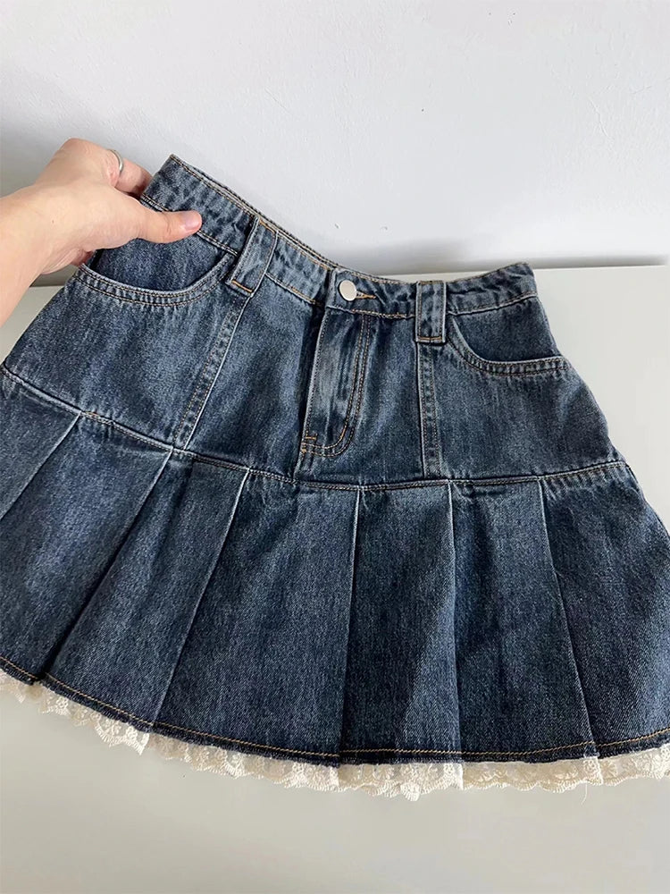 Lace Trim Pleated Denim Mini Skort