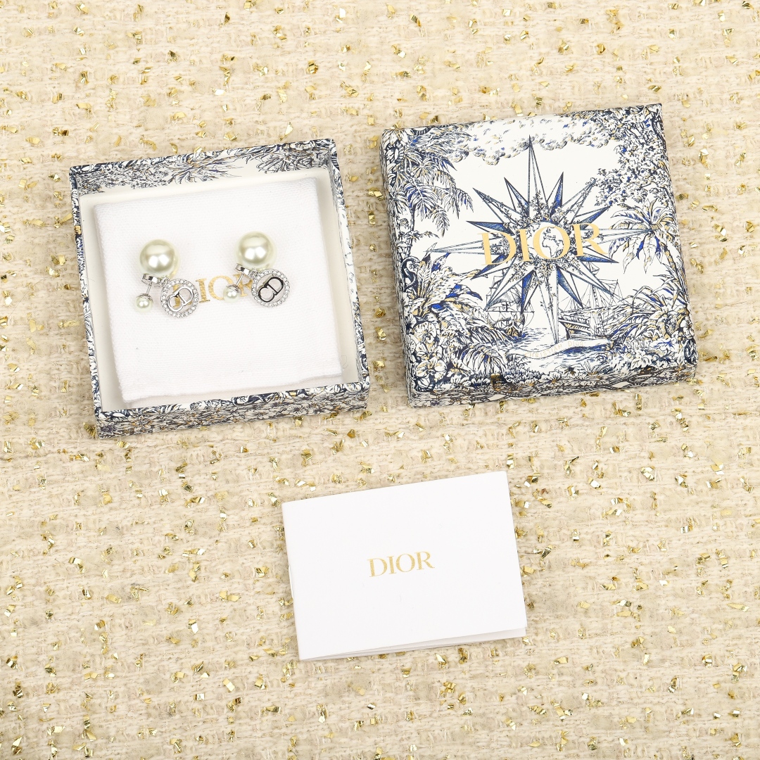 Dior Round Crystal CD Double Ball Pearl Earrings