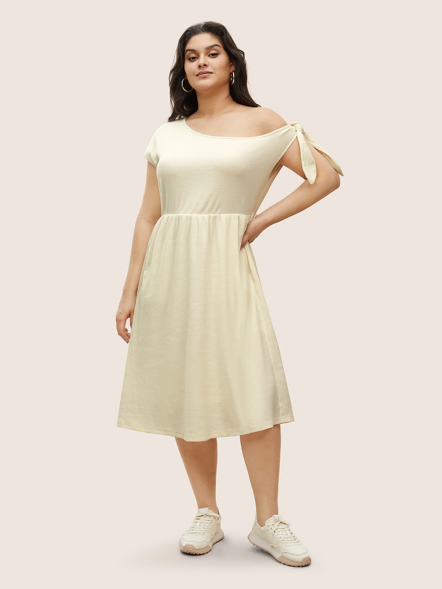 Asymmetrical Neck Waffle Knit Tie Knot Dress