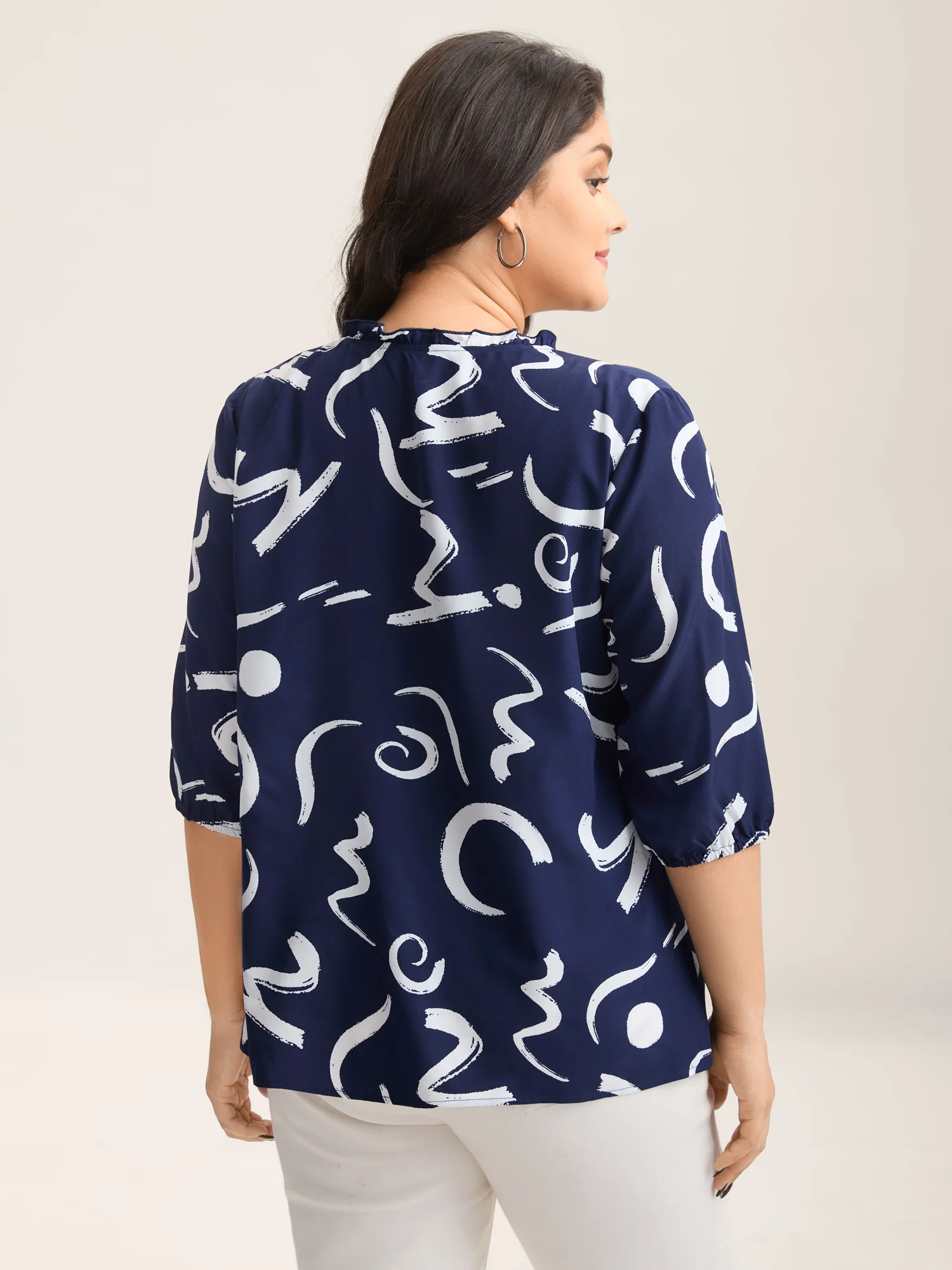 Scribble Print Ruffled Split Neck Blouse