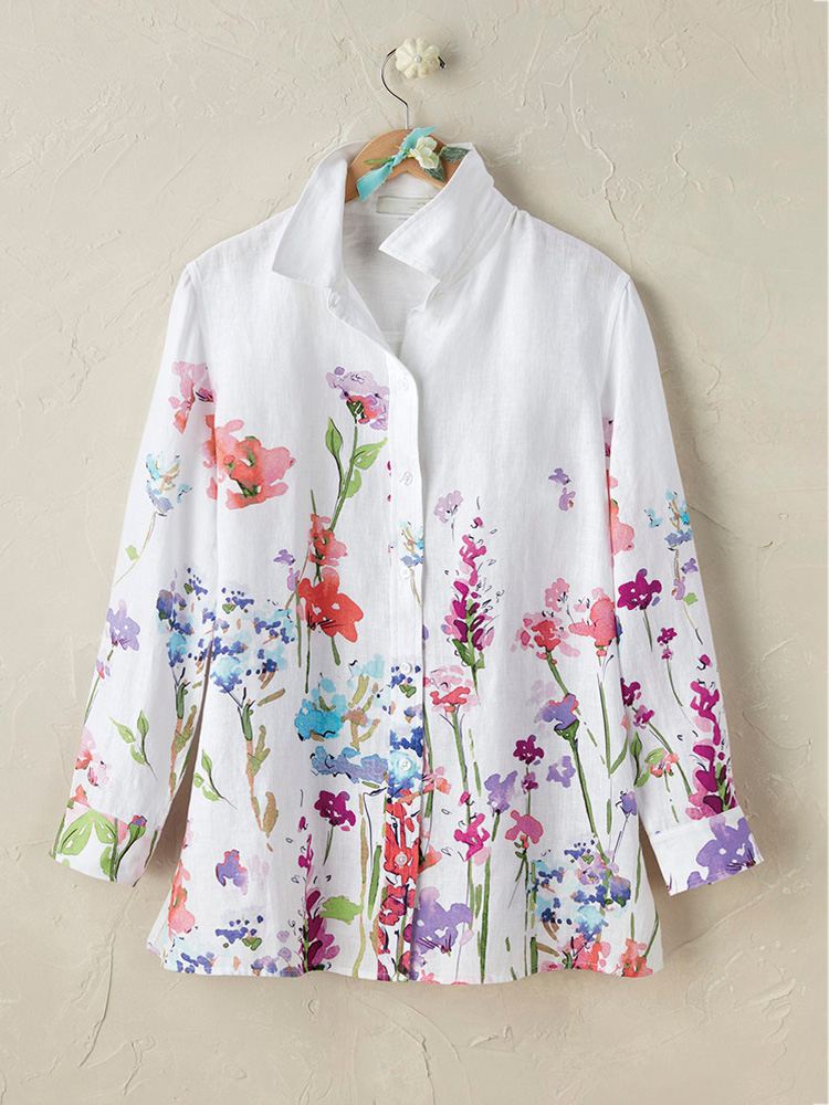 Women's Casual Floral Embroidery Print Cotton Shirt